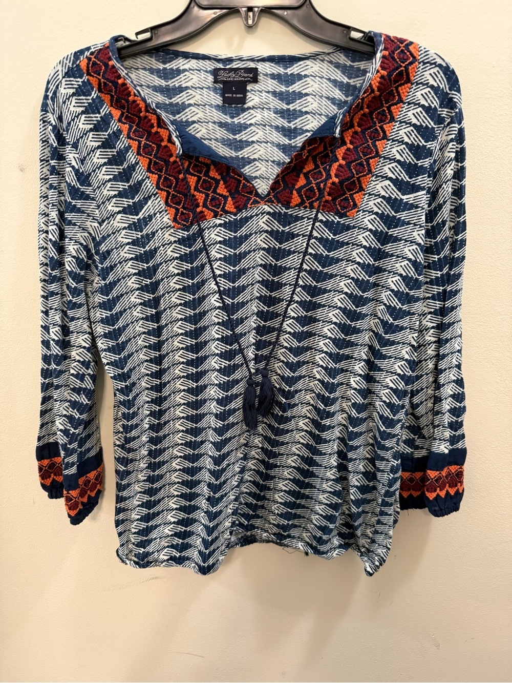 Lucky Brand Bohemian Blouse LARGE Embroidered Tassels Blue White Orange Cotton